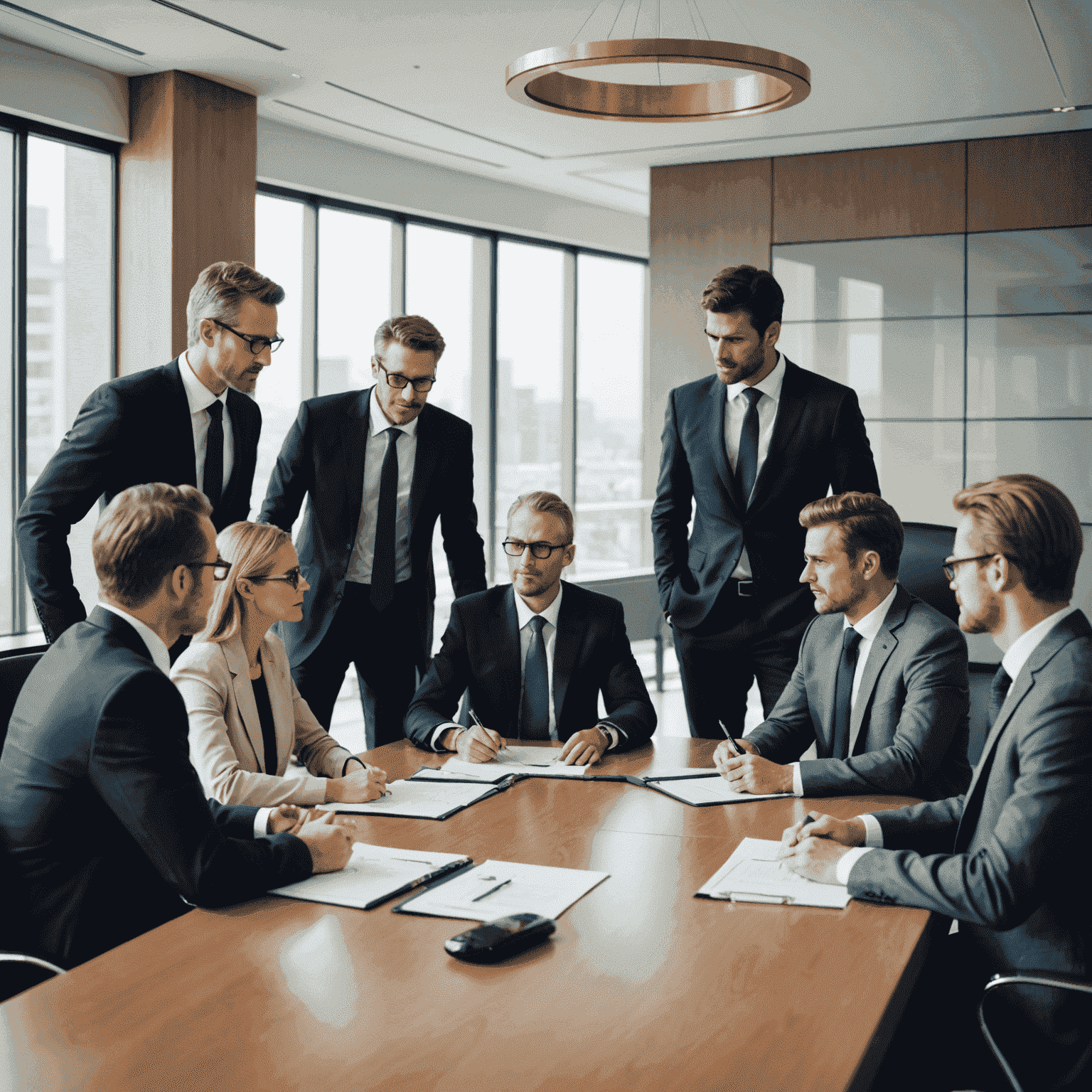 A team of business consultants discussing strategies around a conference table