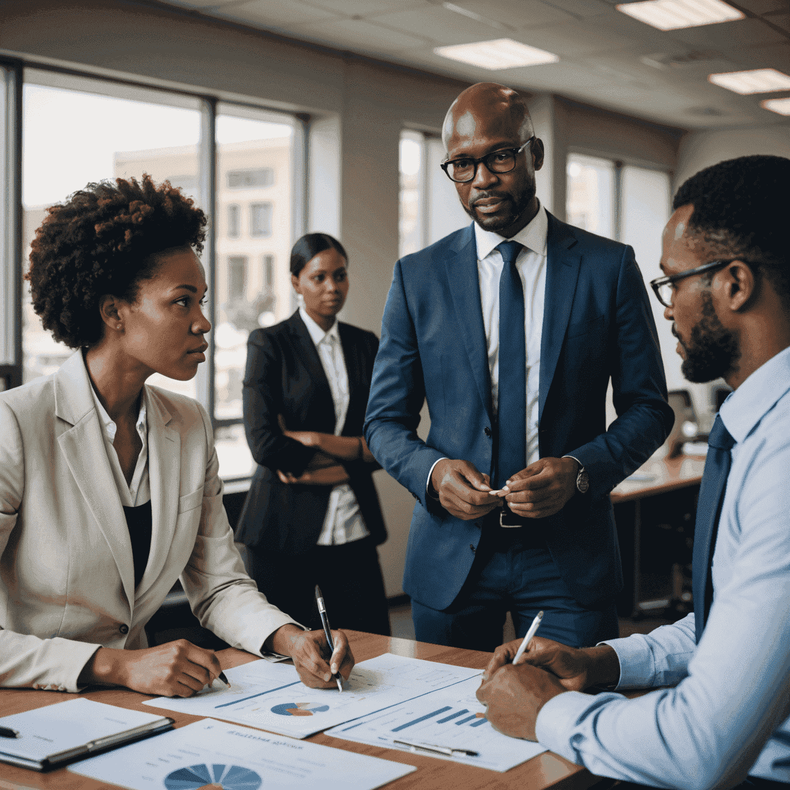 Business professionals discussing strategy in a modern South African office