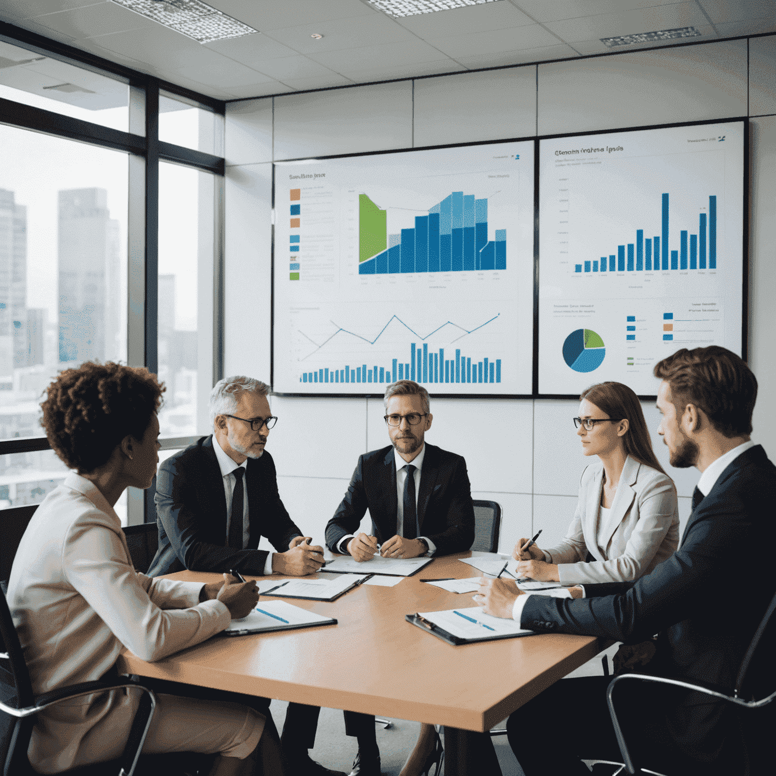 A group of business professionals in a meeting room discussing strategies and plans, with charts and graphs on a screen behind them