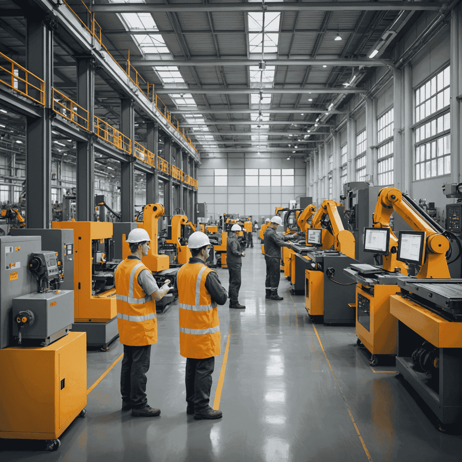 Interior view of a modern manufacturing facility with workers operating machinery