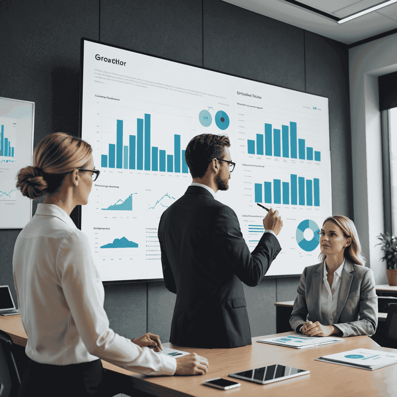 Businesspeople discussing data analytics on a large screen in a modern office setting