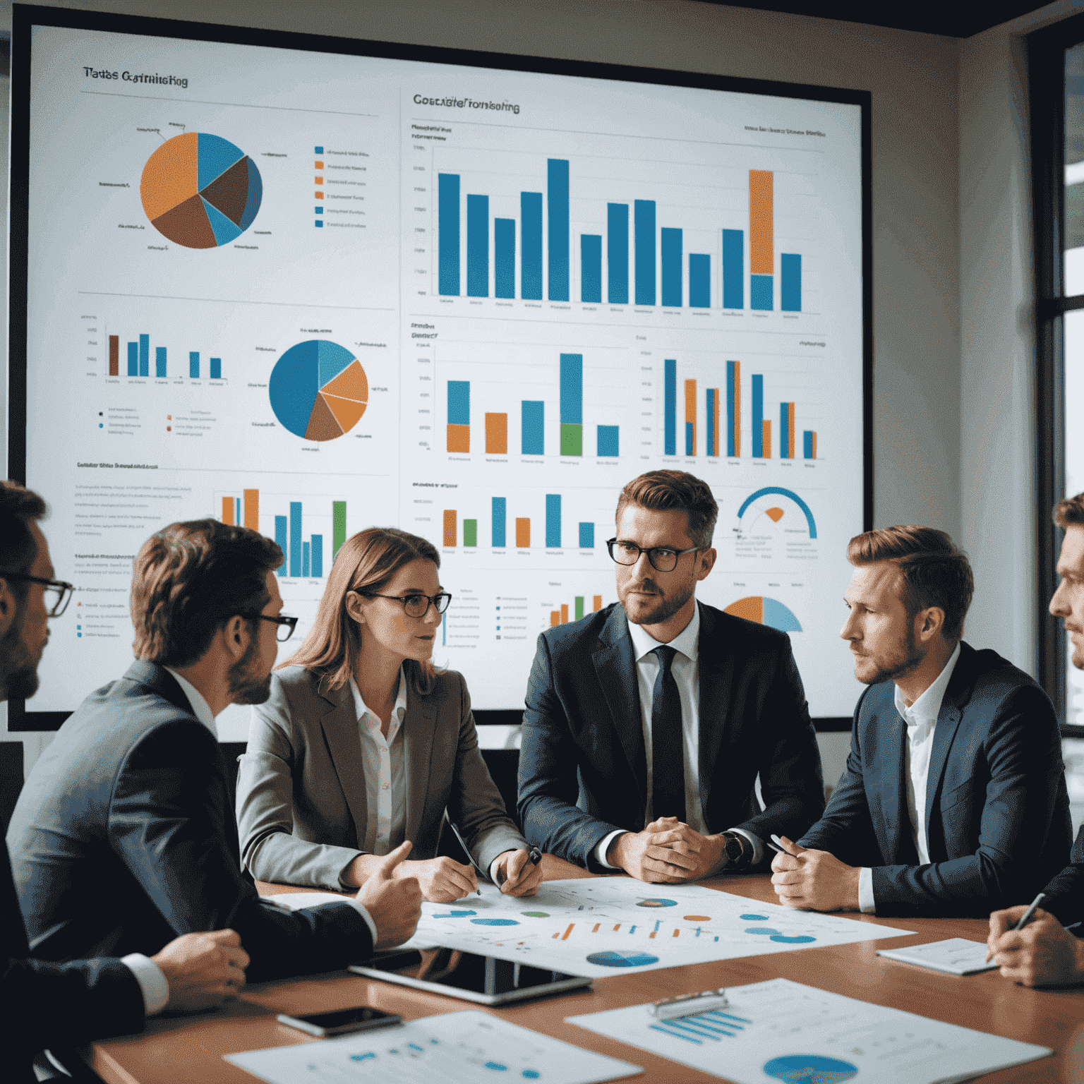 An image showing a group of business professionals discussing consulting trends and strategies around a conference table, with charts and graphs on a screen in the background