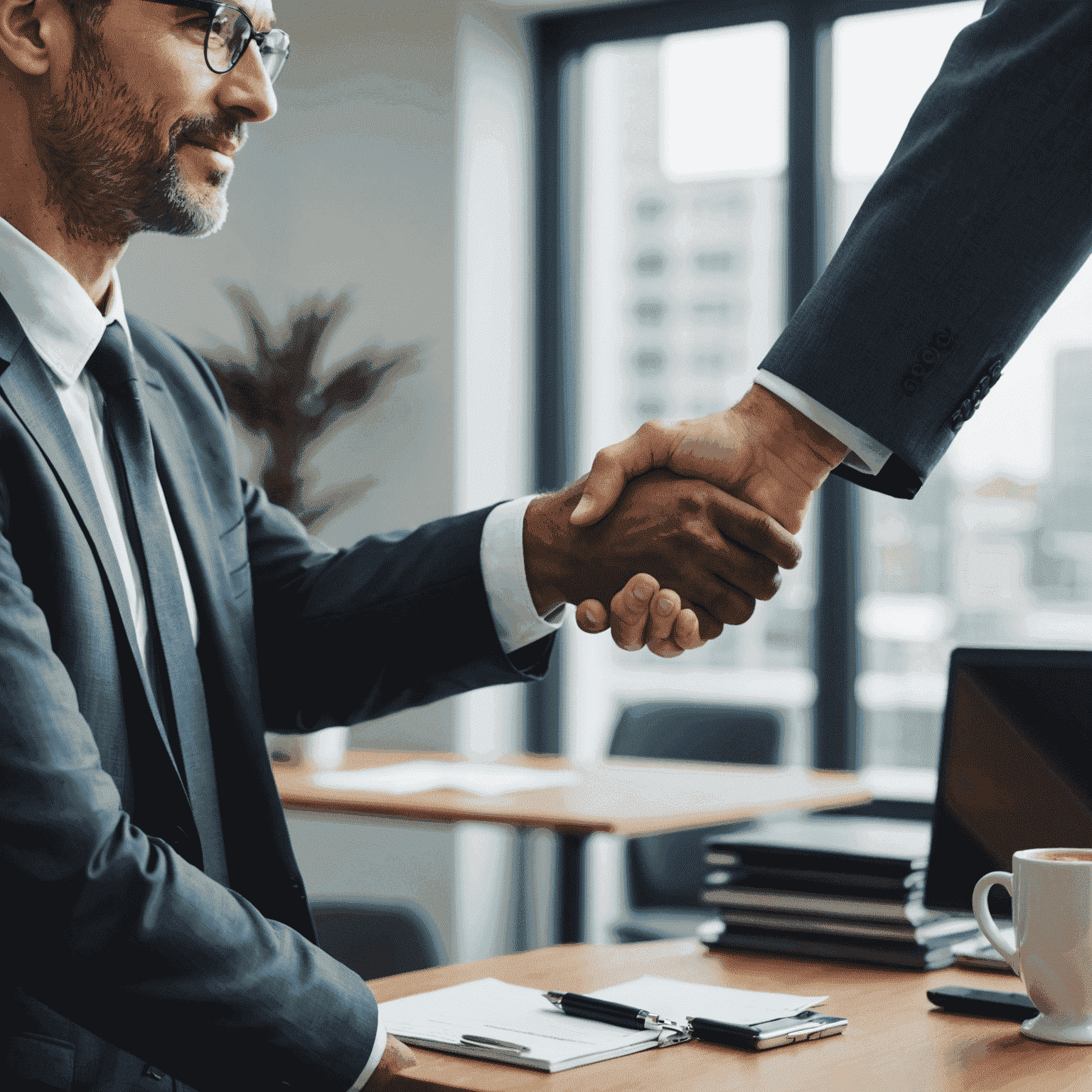 A businessman shaking hands with a consultant, symbolizing a partnership