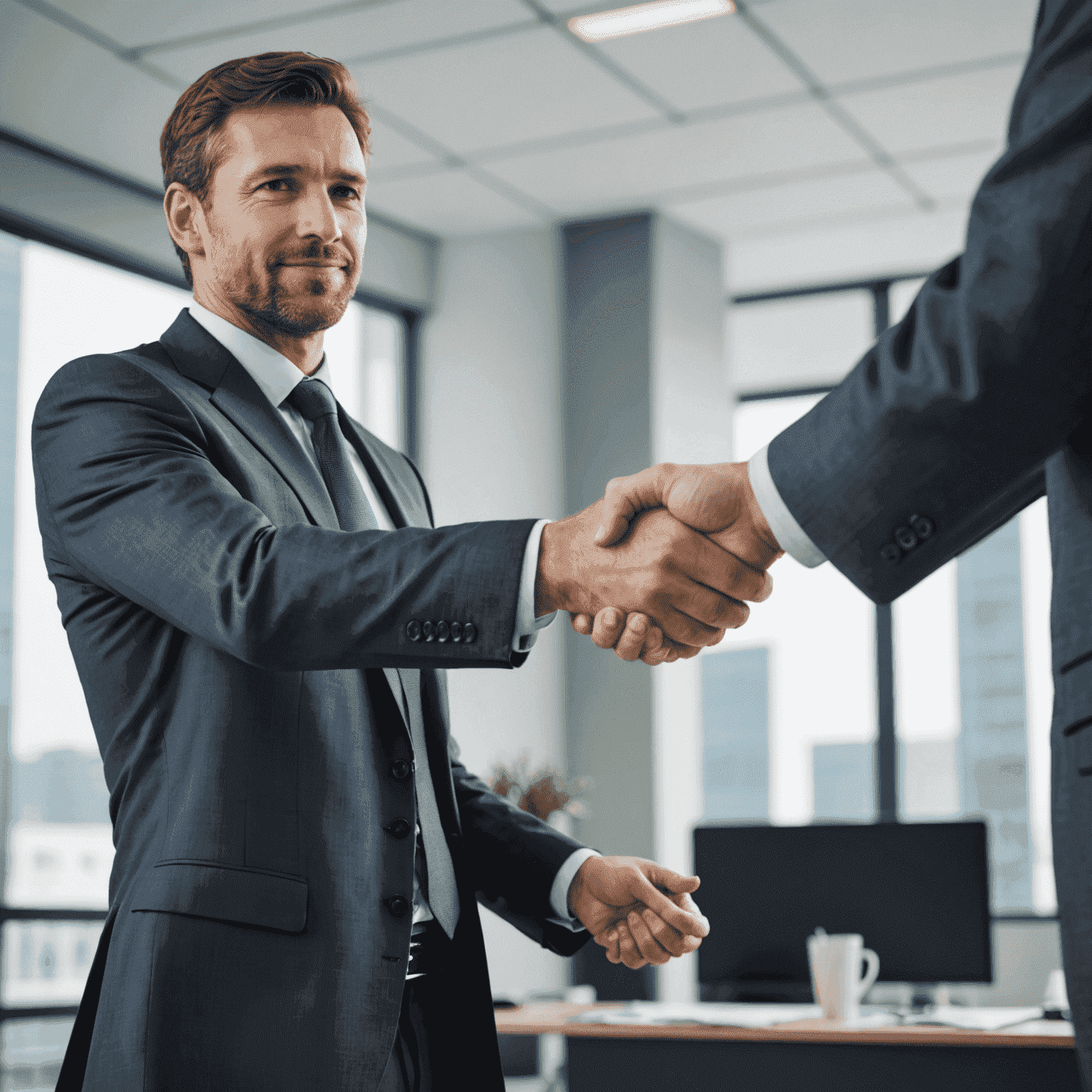 A businessman shaking hands with a consultant, symbolizing a partnership