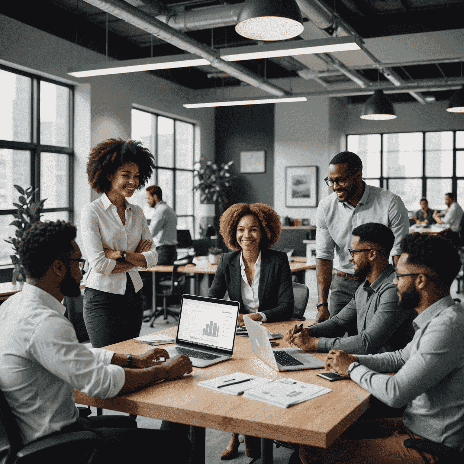 A diverse team of professionals collaborating in a modern office space