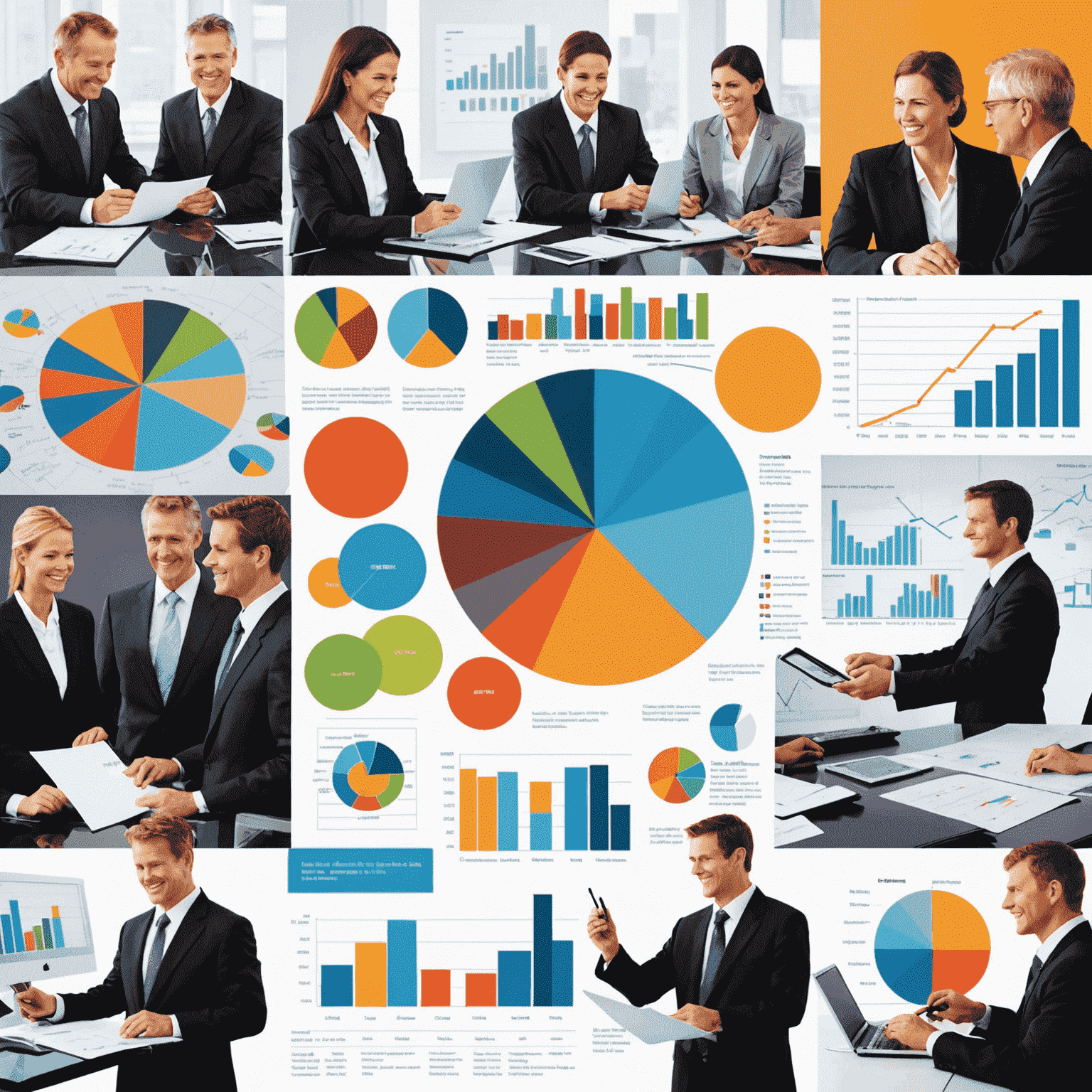 A collage of successful business projects, including charts, graphs, and happy clients