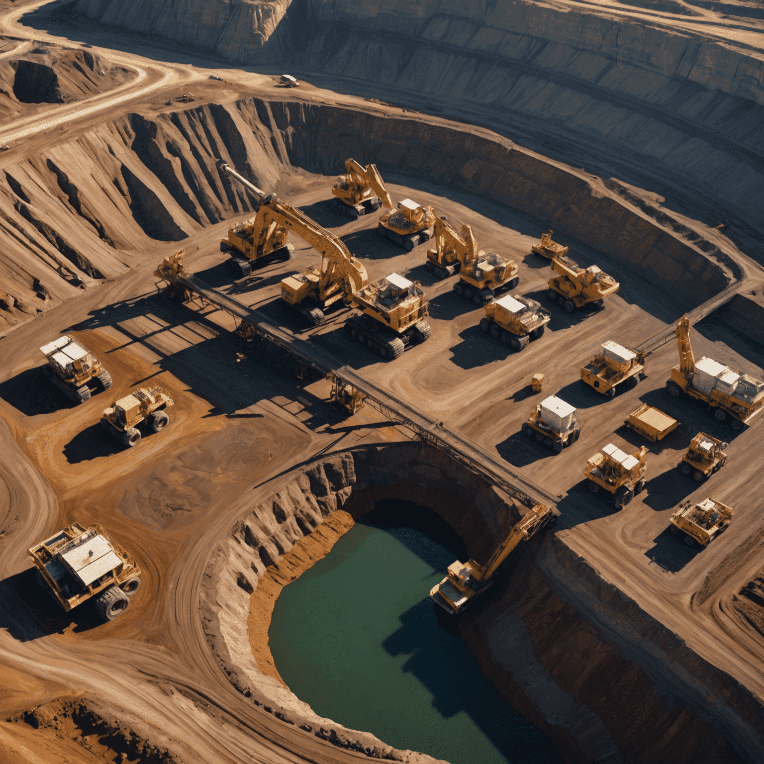 Aerial view of an open-pit mining operation with heavy machinery