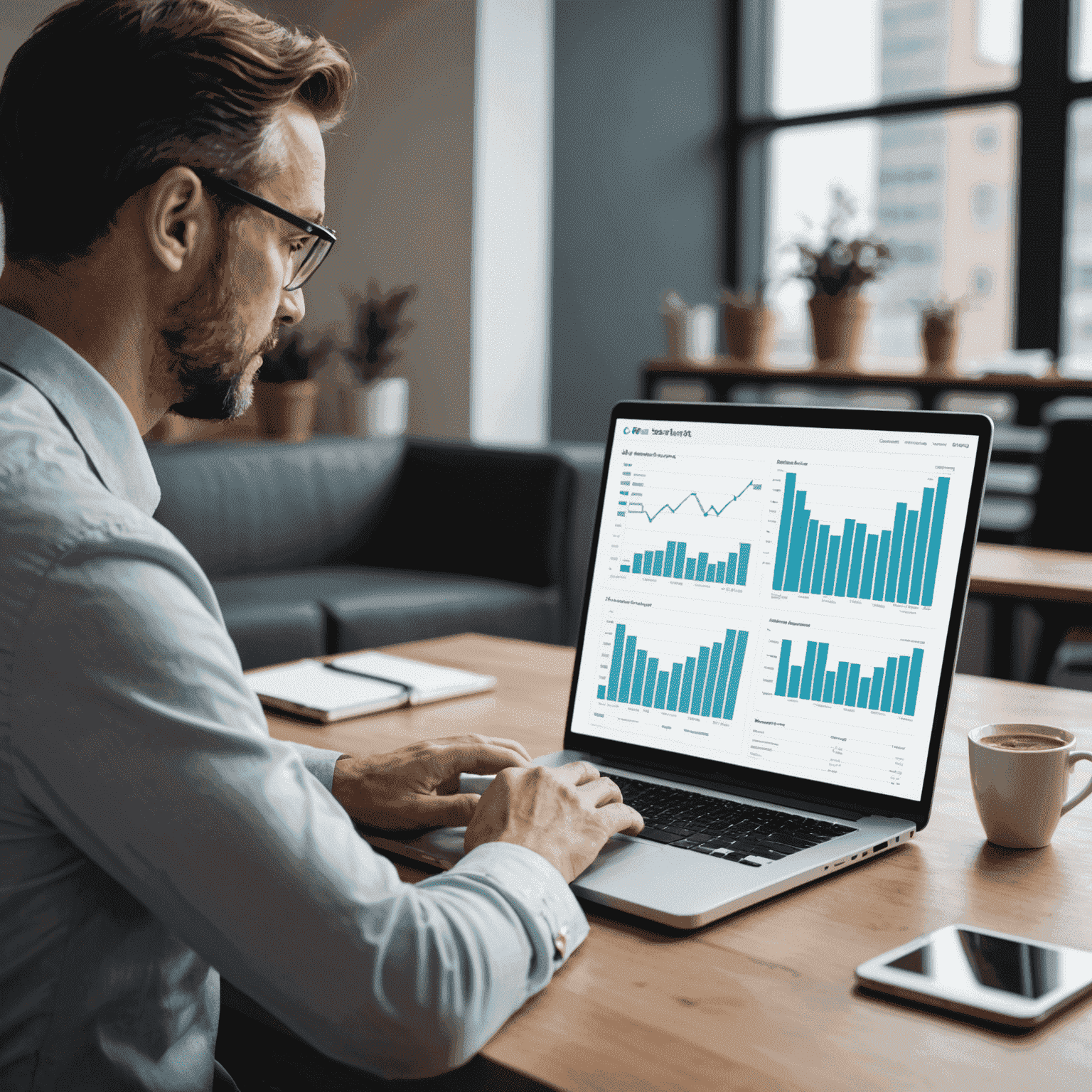 A consultant using advanced software and data analytics on a laptop